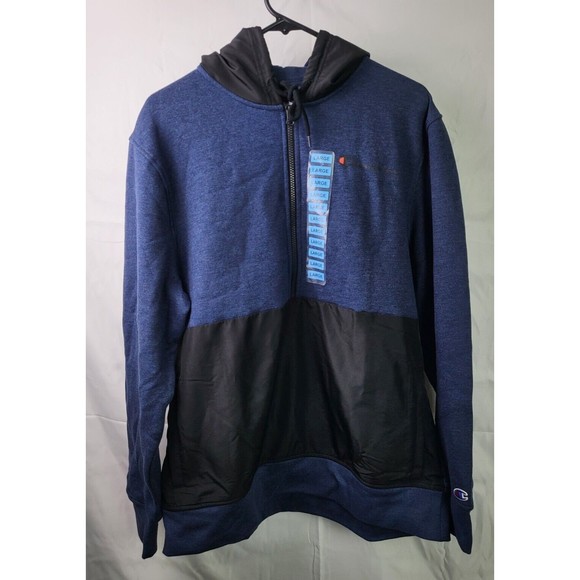 Champion Men's Large Fleece Woven-Mix Half Zip Two Tone Hoodie Navy - Picture 5 of 6